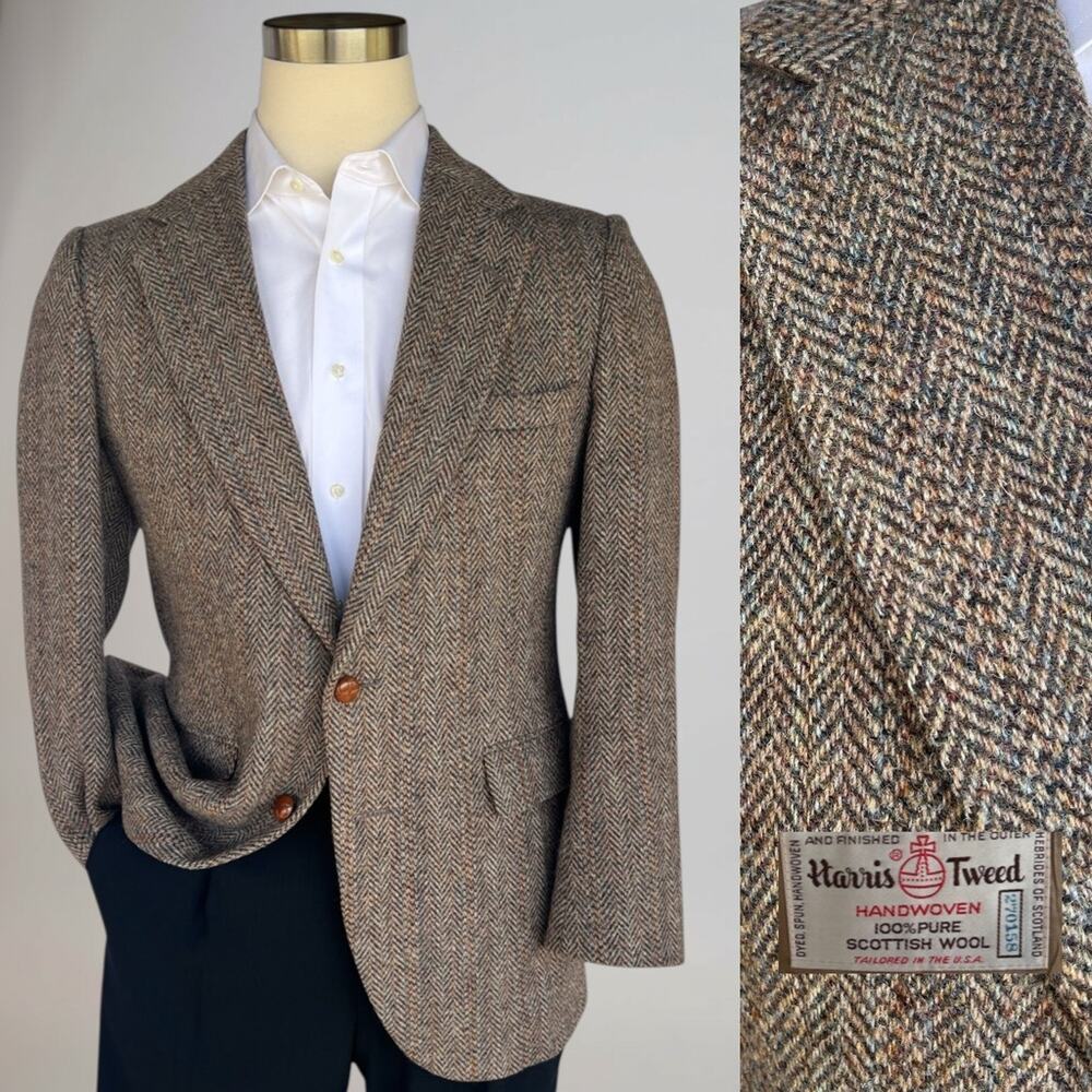 Vintage Harris Tweed x Stafford Sport Coat 38R Gray Taupe Blue Scottish Wool